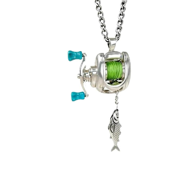 Mini Fishing Reel Necklace with Rotating Handle,Functional Spinning Reel Pendant for Anglers,Movable Line Guide and Keychain Loop,Collectible Gift for Fishing Lovers,Men,or Outdoor Enthusiasts..