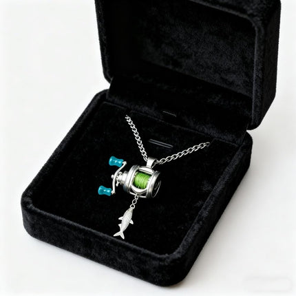 Mini Fishing Reel Necklace with Rotating Handle,Functional Spinning Reel Pendant for Anglers,Movable Line Guide and Keychain Loop,Collectible Gift for Fishing Lovers,Men,or Outdoor Enthusiasts..