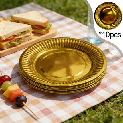 10PCS Gold Red Paper Plates,Disposable Foil Gold Card Cake Dessert Plates Glitter Tableware Party Supplies for Dinner Wedding Anniversary Birthday Bridal Shower Decorations,Gold Card Paper Plates Gold.