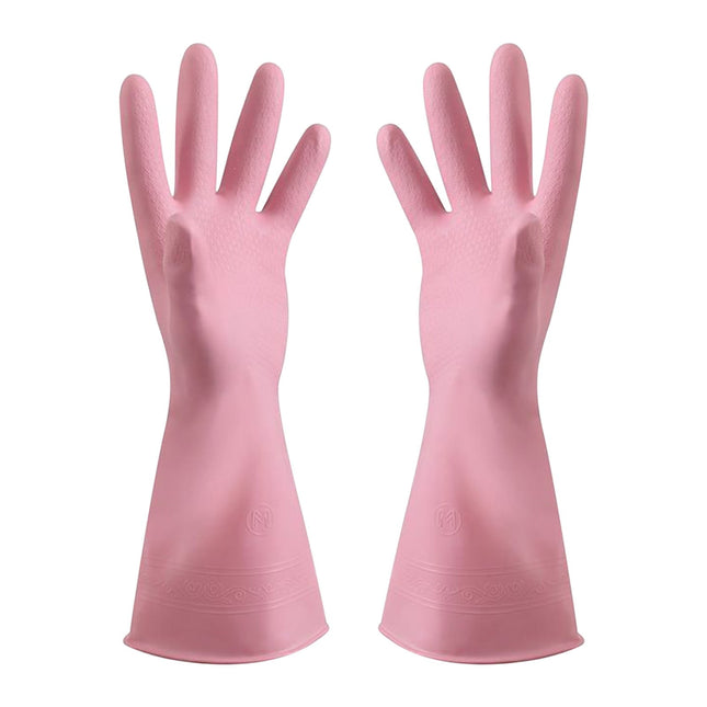 Reusable Household Dishwashing Cleaning Gloves, Food-Grade Natural Rubber with Non-Slip Textured Grip, Long Length for Hand and Arm Protection, Ideal for Kitchen, Gardening, and Janitorial Tasks Pink L.