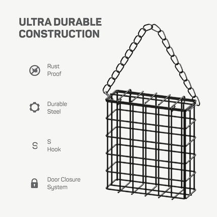 Square Suet Bird Feeder Cage, Heavy-Duty Iron with Protective Coating, Holds One Cake for Nuthatches and Chickadees, Easy-Clean Design, Rust-Resistant Outdoor Hanging Feeder for Backyard Birds Black.