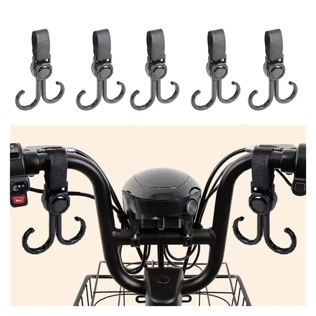 Stroller Hooks - Buggy Hooks - Bag Hooks - Diaper Bag Hooks - Walker Hooks - Stroller Accessories - Mounting Clips - Shopping Hook - Universal Velcro - 360 Degree Rotatable - Black - 4 Pieces.