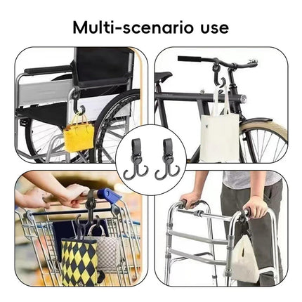 Stroller Hooks - Buggy Hooks - Bag Hooks - Diaper Bag Hooks - Walker Hooks - Stroller Accessories - Mounting Clips - Shopping Hook - Universal Velcro - 360 Degree Rotatable - Black - 4 Pieces.