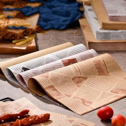 Silicone baking paper wax paper - for cooked food, 100 sheets square kraft paper for absorbing oil, newspaper for sandwich and food baskets, suitable for cakes, bread, fries, pizza, hamburgers, hot dogs.