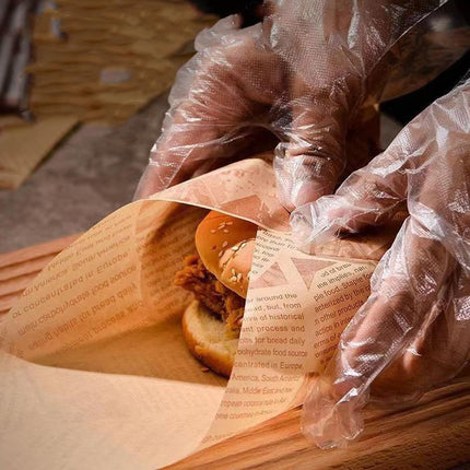 Silicone baking paper wax paper - for cooked food, 100 sheets square kraft paper for absorbing oil, newspaper for sandwich and food baskets, suitable for cakes, bread, fries, pizza, hamburgers, hot dogs.