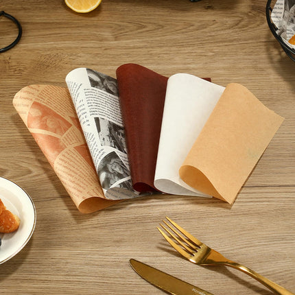 Silicone baking paper wax paper - for cooked food, 100 sheets square kraft paper for absorbing oil, newspaper for sandwich and food baskets, suitable for cakes, bread, fries, pizza, hamburgers, hot dogs.