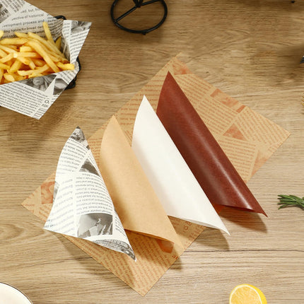 Silicone baking paper wax paper - for cooked food, 100 sheets square kraft paper for absorbing oil, newspaper for sandwich and food baskets, suitable for cakes, bread, fries, pizza, hamburgers, hot dogs.
