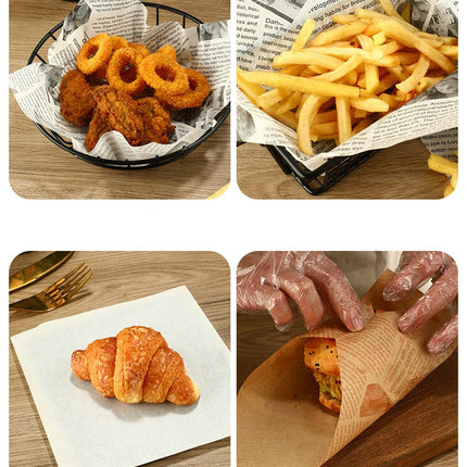 Silicone baking paper wax paper - for cooked food, 100 sheets square kraft paper for absorbing oil, newspaper for sandwich and food baskets, suitable for cakes, bread, fries, pizza, hamburgers, hot dogs.