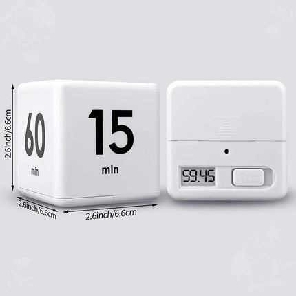 Flip Cube kitchen timer/countdown reminder with a gravity sensor, suitable for kitchens, bedrooms, offices, living rooms, and desks. It facilitates time management and offers timer options of 15, 20, 30, and 60 minutes..
