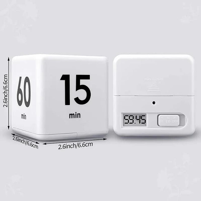Flip Cube kitchen timer/countdown reminder with a gravity sensor, suitable for kitchens, bedrooms, offices, living rooms, and desks. It facilitates time management and offers timer options of 15, 20, 30, and 60 minutes..