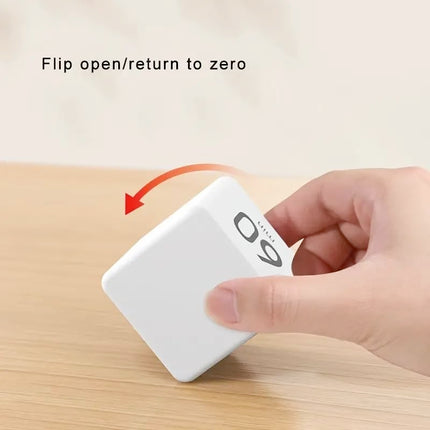 Flip Cube kitchen timer/countdown reminder with a gravity sensor, suitable for kitchens, bedrooms, offices, living rooms, and desks. It facilitates time management and offers timer options of 15, 20, 30, and 60 minutes..