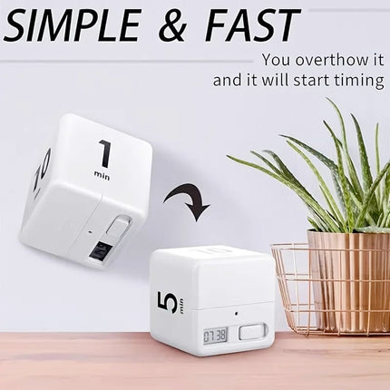 Flip Cube kitchen timer/countdown reminder with a gravity sensor, suitable for kitchens, bedrooms, offices, living rooms, and desks. It facilitates time management and offers timer options of 15, 20, 30, and 60 minutes..