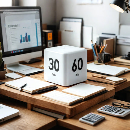 Flip Cube kitchen timer/countdown reminder with a gravity sensor, suitable for kitchens, bedrooms, offices, living rooms, and desks. It facilitates time management and offers timer options of 15, 20, 30, and 60 minutes..