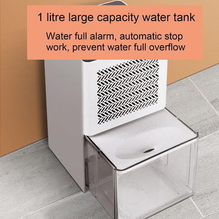 Dehumidifier - has a transparent 1-liter water tank, is quiet in use, and has an automatic shut-off function. It is suitable for indoor spaces such as basements, bathrooms, campers, and wardrobes..