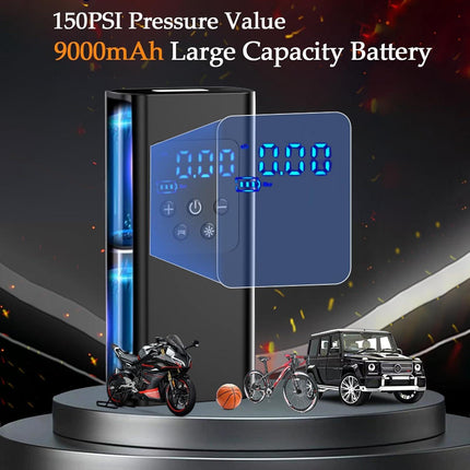 Bicycle pump - Portable digital air pump for cars, handy and wirelessly rechargeable, suitable for motorcycles, bicycles, boats and car tires..