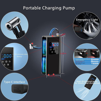 Bicycle pump - Portable digital air pump for cars, handy and wirelessly rechargeable, suitable for motorcycles, bicycles, boats and car tires..