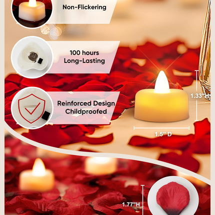 Battery Operated Candles - Set of Rose Petal Candles - 99 Artificial Rose Petals - 24 Heart-Shaped LED Tea Lights - Suitable for Proposals - Anniversaries - Romantic Evenings - Table Decorations - Weddings - Birthdays.