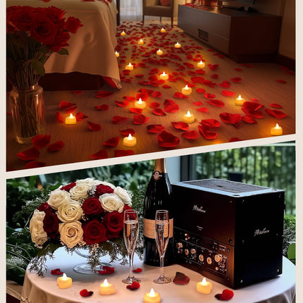 Battery Operated Candles - Set of Rose Petal Candles - 99 Artificial Rose Petals - 24 Heart-Shaped LED Tea Lights - Suitable for Proposals - Anniversaries - Romantic Evenings - Table Decorations - Weddings - Birthdays.