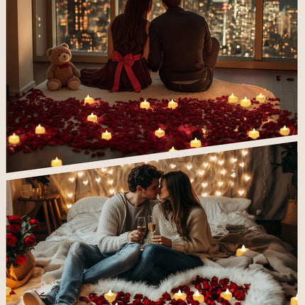 Battery Operated Candles - Set of Rose Petal Candles - 99 Artificial Rose Petals - 24 Heart-Shaped LED Tea Lights - Suitable for Proposals - Anniversaries - Romantic Evenings - Table Decorations - Weddings - Birthdays.