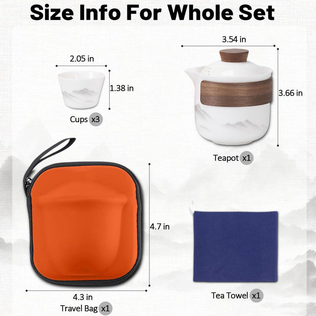 Travel Tea Set - Tea Set - Teapot - Teacups - Ceramic - Kung Fu - Camping - Outdoor - Travel - Including Travel Bag - 4 Pieces - Gift - White.