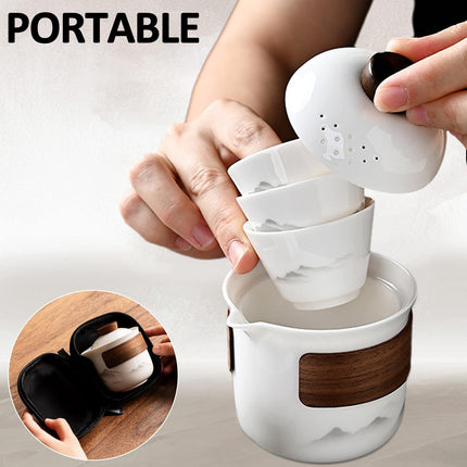 Travel Tea Set - Tea Set - Teapot - Teacups - Ceramic - Kung Fu - Camping - Outdoor - Travel - Including Travel Bag - 4 Pieces - Gift - White.