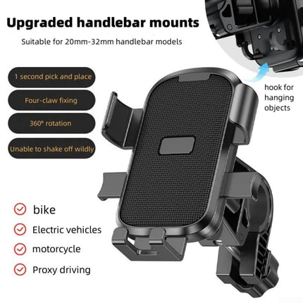 Bicycle Phone Holder - Smartphone Holder - Universal - MTB - Racing Bike - E-bike - Scooter - Motorcycle - Handlebar Mount - 360 Degrees - Mobile Phone Holder - Bicycle Accessories - Black - 1 piece.