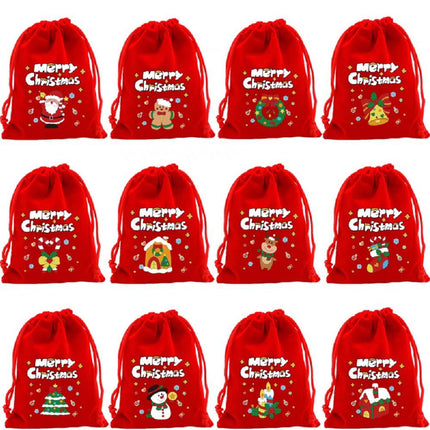 Christmas Gift Bags - Gift Bags - Advent Calendar Bags - Candy Bags - Christmas Packaging - Party Bags - With Drawstring - Reusable - Red - Santa Claus - Snowman - Reindeer - Gift Bags - Christmas Decorations - Holidays - Set of 12.