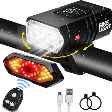 Bicycle Lighting Set - Bicycle Headlight - Rear Light with Turn Signal - USB Rechargeable - Bicycle Lights - LED Lighting - Flashing Light - Waterproof - Wireless Remote Control - MTB Accessories - Road Bike - City Bike - Black - 1 Piece.