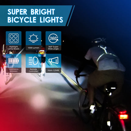 Bicycle Lighting Set - Bicycle Headlight - Rear Light with Turn Signal - USB Rechargeable - Bicycle Lights - LED Lighting - Flashing Light - Waterproof - Wireless Remote Control - MTB Accessories - Road Bike - City Bike - Black - 1 Piece.