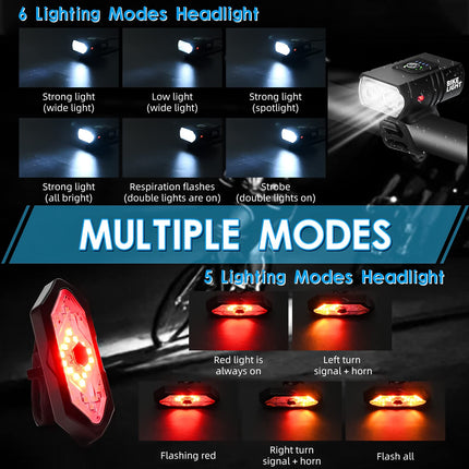 Bicycle Lighting Set - Bicycle Headlight - Rear Light with Turn Signal - USB Rechargeable - Bicycle Lights - LED Lighting - Flashing Light - Waterproof - Wireless Remote Control - MTB Accessories - Road Bike - City Bike - Black - 1 Piece.