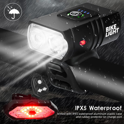 Bicycle Lighting Set - Bicycle Headlight - Rear Light with Turn Signal - USB Rechargeable - Bicycle Lights - LED Lighting - Flashing Light - Waterproof - Wireless Remote Control - MTB Accessories - Road Bike - City Bike - Black - 1 Piece.