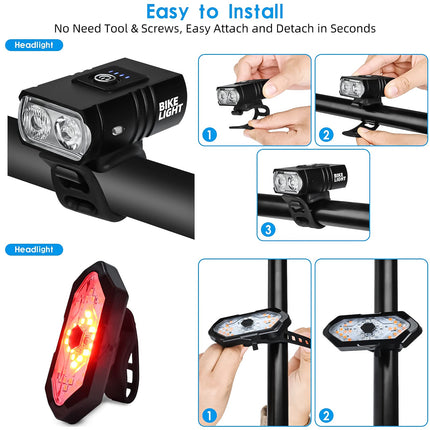 Bicycle Lighting Set - Bicycle Headlight - Rear Light with Turn Signal - USB Rechargeable - Bicycle Lights - LED Lighting - Flashing Light - Waterproof - Wireless Remote Control - MTB Accessories - Road Bike - City Bike - Black - 1 Piece.