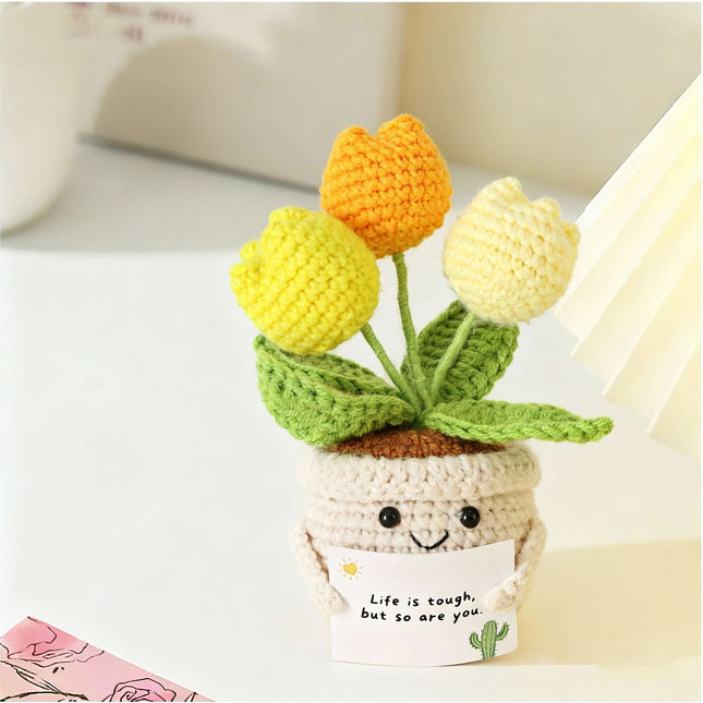 Crocheted Tulips - Artificial Flowers - Home Decor - Gift for Women - Get Well Gift - Support - Handmade - Living Room Decoration - Table Decoration - Office Accessories - Gift for Her - Pick-me-up - Fake Flowers - Excluding Card - 1 Piece.