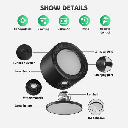 Night Light - Table Lamp - Bedside Lamp - Mood Lamp - Wireless Table Lamp - Rechargeable Lamp - LED Night Lamp - Touch Lamp - Dimmable Lamp - Desk Lamp - Mood Lighting - Portable Lamp - Bedroom Lamp - Modern Design - USB Rechargeable - Black - 1 Piece.