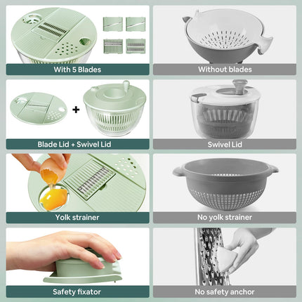 Vegetable Slicer - Salad Spinner - Mandoline - Salad Spinner - Multifunctional Vegetable Slicer - Vegetable Cutter Set - Grater - Kitchen Aid - Kitchen Utensil - Julienne Slicer - Vegetable Grater - Kitchen Gadget - Shredder - Mint Green - Lettuce Slicer.