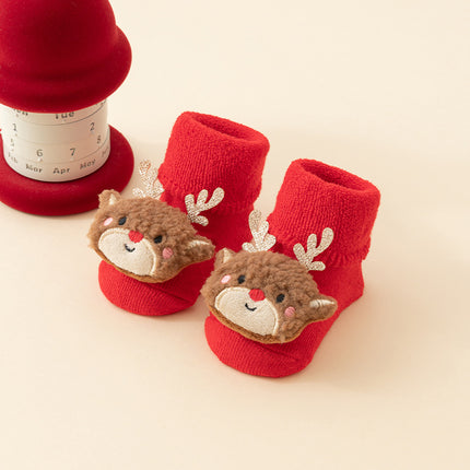 Baby Christmas Socks - Non-Slip Baby Socks - First Christmas - Warm House Socks - Snowman - Reindeer - Christmas Tree - Santa Hat - Christmas Gift - Booties - Winter Clothes - Maternity Gift - 3D Figures - Christmas Outfit - Red Mix - 6 Pairs.