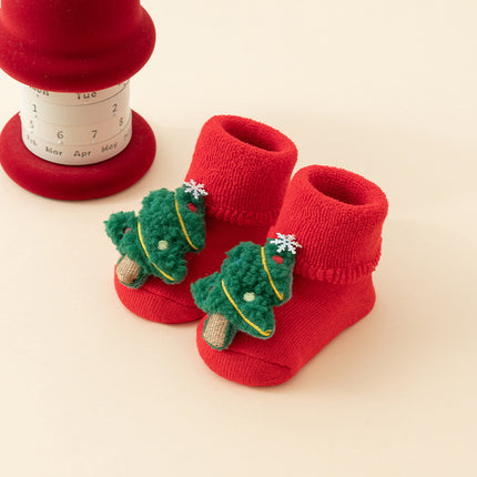 Baby Christmas Socks - Non-Slip Baby Socks - First Christmas - Warm House Socks - Snowman - Reindeer - Christmas Tree - Santa Hat - Christmas Gift - Booties - Winter Clothes - Maternity Gift - 3D Figures - Christmas Outfit - Red Mix - 6 Pairs.