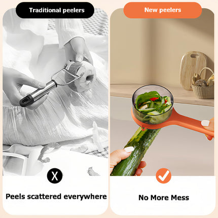 Peeler with collecting tray - Potato peeler - Vegetable peeler - Fruit peeler - Paring knife - Apple peeler - Cucumber peeler - Kitchen utensils - Peeler with container - Kitchen tools - Asparagus peeler - Stainless steel - Peeling knife - Orange - 1 piec.