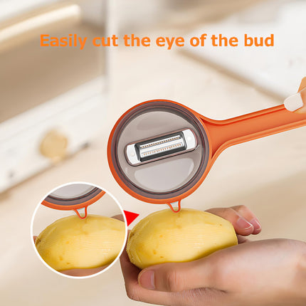 Peeler with collecting tray - Potato peeler - Vegetable peeler - Fruit peeler - Paring knife - Apple peeler - Cucumber peeler - Kitchen utensils - Peeler with container - Kitchen tools - Asparagus peeler - Stainless steel - Peeling knife - Orange - 1 piec.