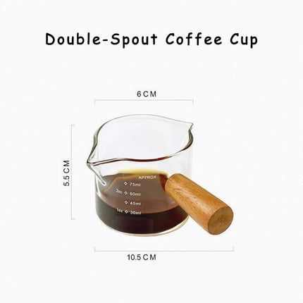 Espresso Measuring Cup - Shot Glass - Milk Jug - Coffee Accessories - Barista Tools - Measuring Cup Glass - Espresso Glasses - Sauce Jug - Measuring Glass - Mini Measuring Cup - Double Spout - Heat Resistant - Wooden Handle - Transparent - 2 Pieces.