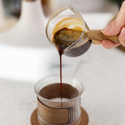 Espresso Measuring Cup - Shot Glass - Milk Jug - Coffee Accessories - Barista Tools - Measuring Cup Glass - Espresso Glasses - Sauce Jug - Measuring Glass - Mini Measuring Cup - Double Spout - Heat Resistant - Wooden Handle - Transparent - 2 Pieces.
