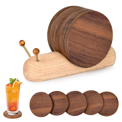 Wooden Coasters - Glass Coasters - Coasters - Coasters with Holder - Table Decoration - Snail - Home Accessories - Glass Coasters - Wooden Decoration - Kitchen Accessories - Design Coasters - Home Gift - Brown - 5 Pieces.
