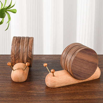 Wooden Coasters - Glass Coasters - Coasters - Coasters with Holder - Table Decoration - Snail - Home Accessories - Glass Coasters - Wooden Decoration - Kitchen Accessories - Design Coasters - Home Gift - Brown - 5 Pieces.
