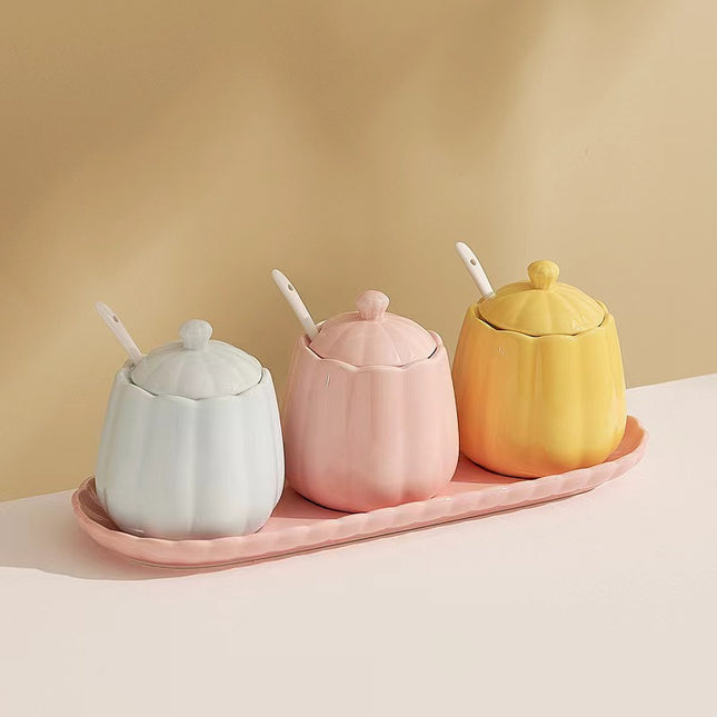 Spice Jars - Storage Jar Set - Sugar Bowl with Spoon - Kitchen Spice Rack - Salt Shaker - Salt and Pepper Shakers - Kitchen Accessories - Countertop Organizer - Spice Jars - Storage Jars with Lid - Ceramic - Multicolor - 3 Pieces.