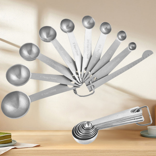 Stainless Steel Measuring Spoons - Measuring Scoop Set - Baking Tools - Kitchen Accessories - Tablespoon and Teaspoon Measure - Coffee Scoop - Stainless Steel - Cookware - Baking Supplies - Dishwasher Safe - Spice Scoops - Silver - 10 Pieces.