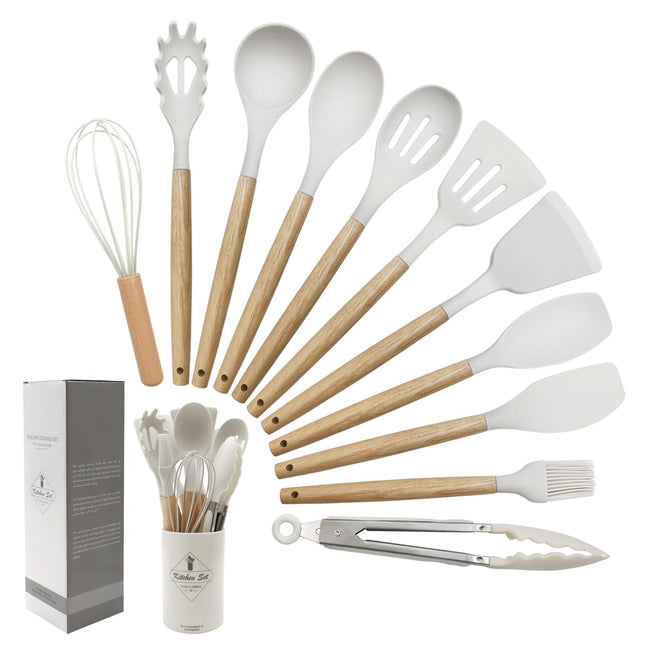 Kitchen Utensil Set - Silicone Spatula Set - Cooking Utensils with Holder - Wooden Spoons - Non-Stick - Pan Scrapers - Heat Resistant - Whisk - Serving Tongs - Baking Utensils - Kitchen Starter Kit - Scratch-Free - White - 12 Pieces.