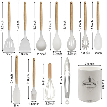 Kitchen Utensil Set - Silicone Spatula Set - Cooking Utensils with Holder - Wooden Spoons - Non-Stick - Pan Scrapers - Heat Resistant - Whisk - Serving Tongs - Baking Utensils - Kitchen Starter Kit - Scratch-Free - White - 12 Pieces.