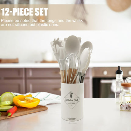 Kitchen Utensil Set - Silicone Spatula Set - Cooking Utensils with Holder - Wooden Spoons - Non-Stick - Pan Scrapers - Heat Resistant - Whisk - Serving Tongs - Baking Utensils - Kitchen Starter Kit - Scratch-Free - White - 12 Pieces.