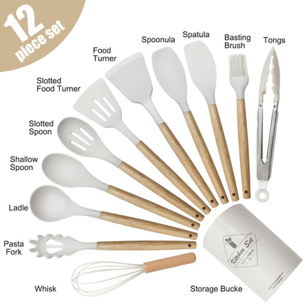 Kitchen Utensil Set - Silicone Spatula Set - Cooking Utensils with Holder - Wooden Spoons - Non-Stick - Pan Scrapers - Heat Resistant - Whisk - Serving Tongs - Baking Utensils - Kitchen Starter Kit - Scratch-Free - White - 12 Pieces.