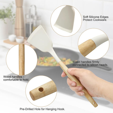 Kitchen Utensil Set - Silicone Spatula Set - Cooking Utensils with Holder - Wooden Spoons - Non-Stick - Pan Scrapers - Heat Resistant - Whisk - Serving Tongs - Baking Utensils - Kitchen Starter Kit - Scratch-Free - White - 12 Pieces.